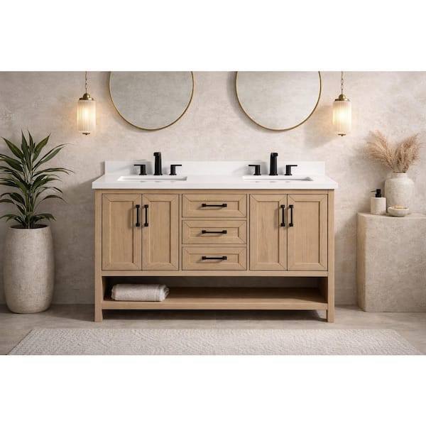Venice 55 in. W x 22 in. D x 34.5 in. H Bathroom Vanity in Oak Gray with White Quartz Vanity Top with White Basin