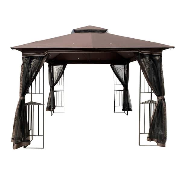 Sudzendf 10 ft. x 10 ft. Outdoor Brown Gazebo Canopy With Ventilated Double Roof And Mosquito Net