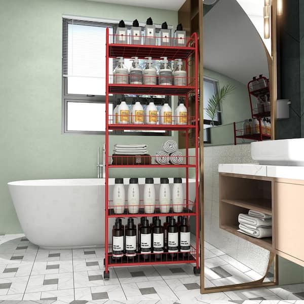 Red 6-Tier Rolling Cart Gap Kitchen Slim Slide Out Storage Tower Rack with Wheels, 6 Baskets