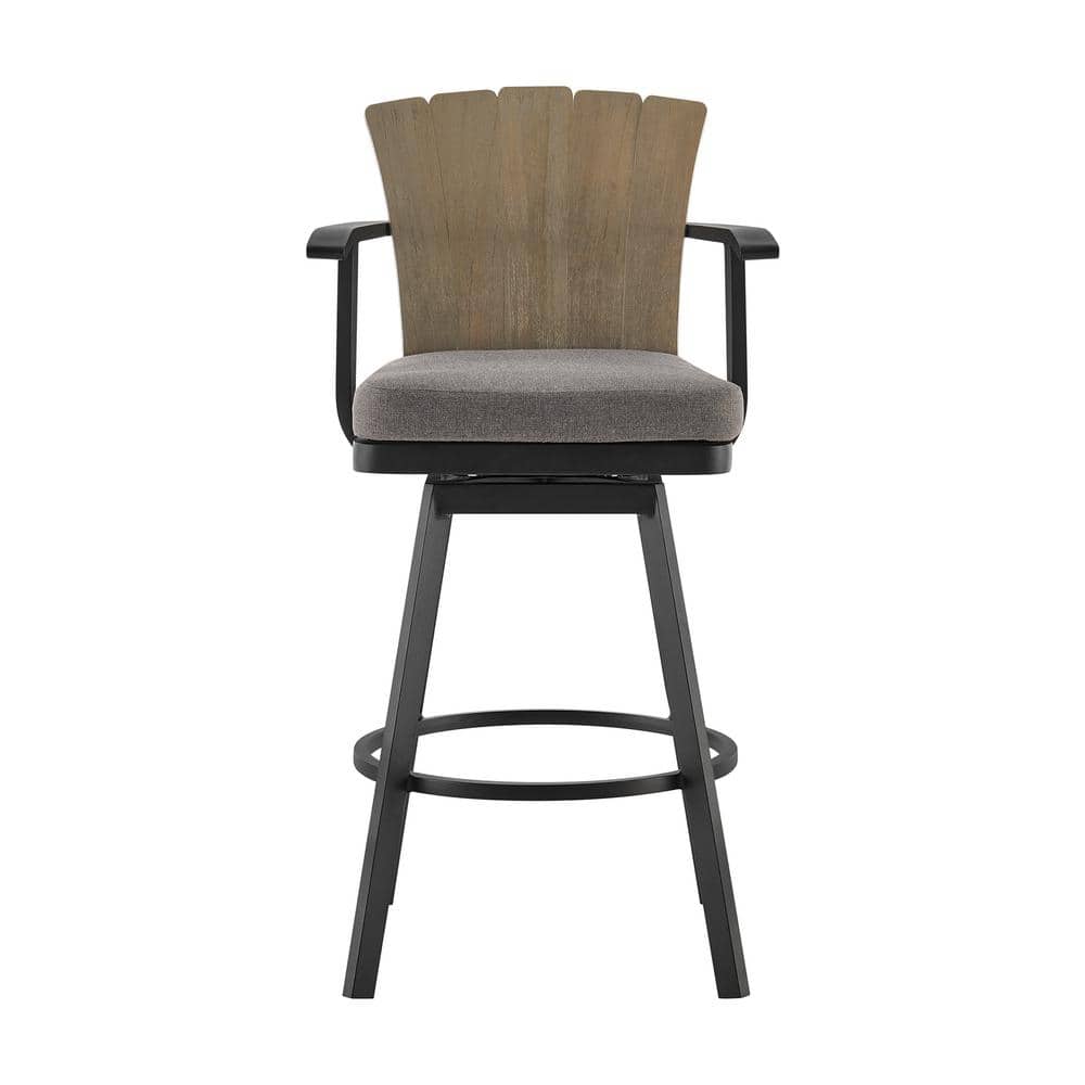Hazel Bar Height Swivel Teak Outdoor Bar Stool with Charcoal Cushion