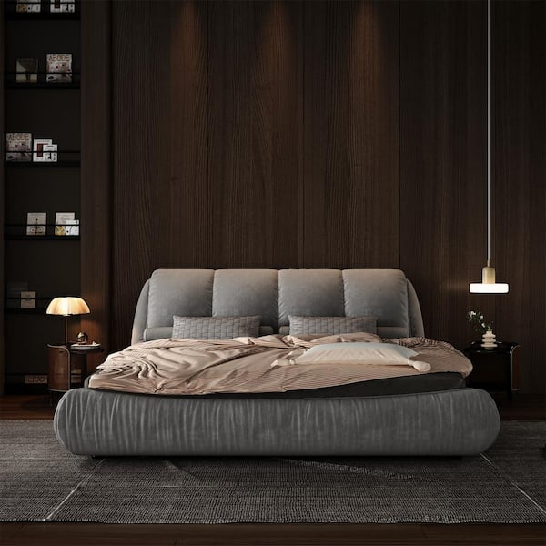 Harper Bright Designs High End Gray Wood Frame King Size Upholstered Platform Bed with Oversize Headboard Thickened Slats Pleating Bed Body GCCPVVS00005 The Home Depot