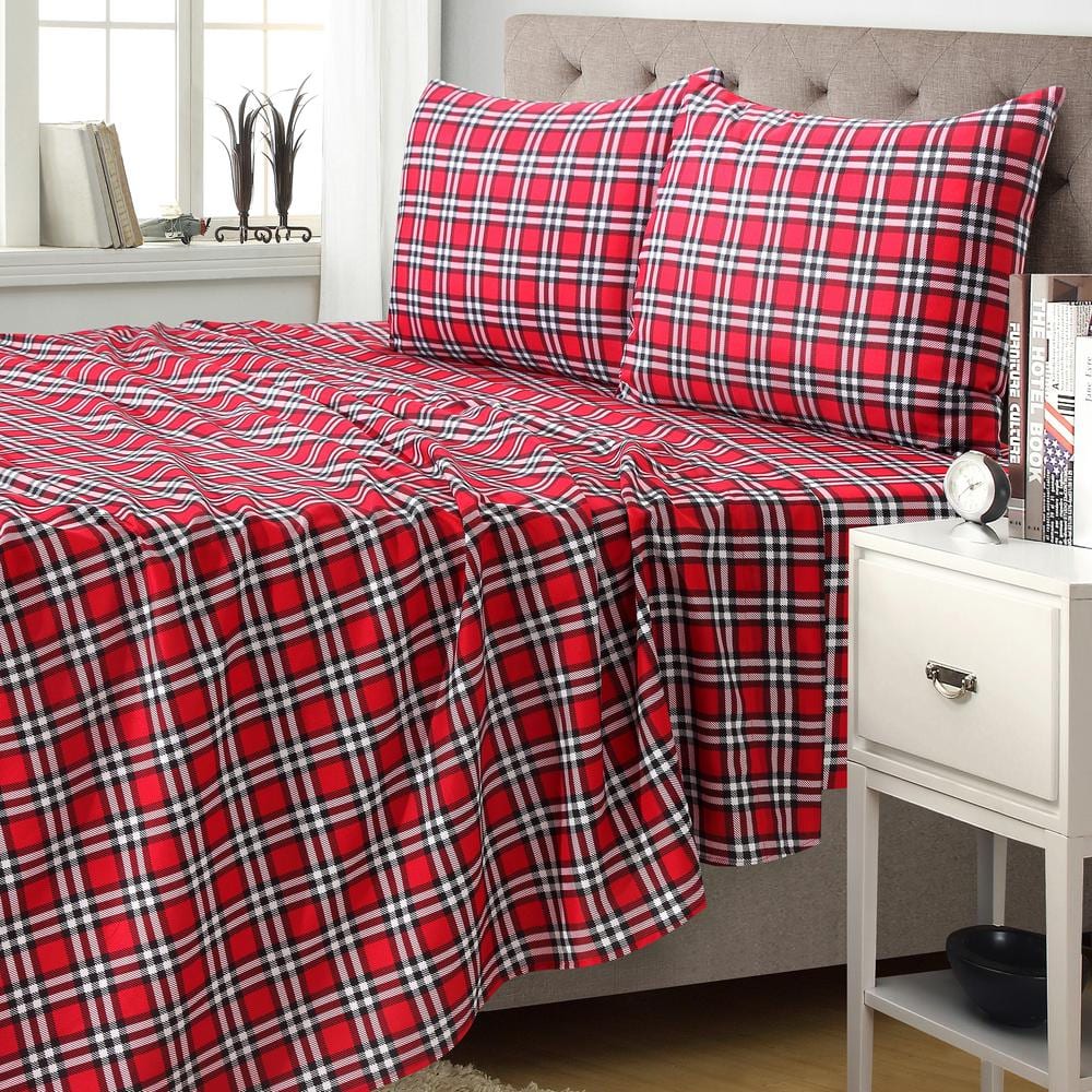 Red Plaid Full Microfiber 4-Piece Bedding Set