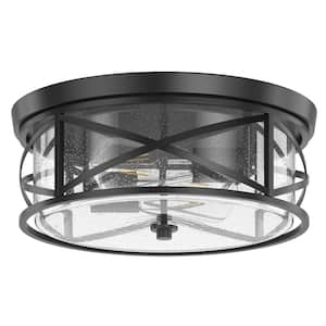 Industrial 13.77 in. 2-Light Black Farmhouse Flush Mount Ceiling Light with Seeded Glass Shade