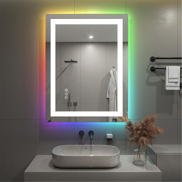 28 in. W x 36 in. H Rectangular Frameless RGB Backlit & LED Frontlit Anti-Fog Tempered Glass Wall Bathroom Vanity Mirror