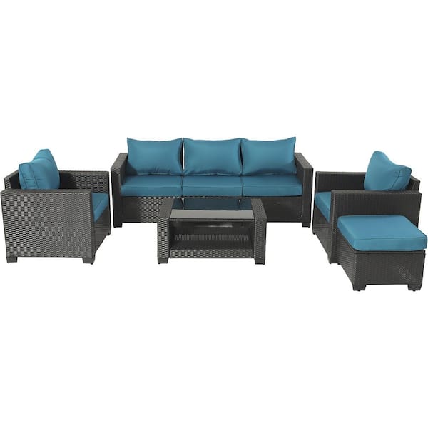 Sudzendf 7-Pieces Outdoor Wicker Sofa Set, Patio Furniture sofa set, with Peacock Blue Cushions