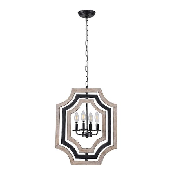 Bella Depot Vintage 4 Light Farmhouse Weathered Wood Geometric Linear Chandelier Hanging Pendant Light with Light Kit