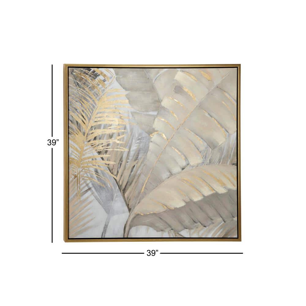 Gold and Gray Palm Leaf Framed Canvas Wall Art, 40" x 40"