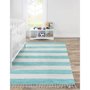 Chindi Rag Striped Turquoise and Ivory 5 ft. 1 in. x 8 ft. Area Rug