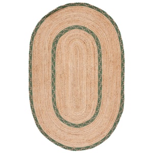 Natural Fiber Beige/Green 3 ft. x 5 ft. Border Woven Oval Area Rug