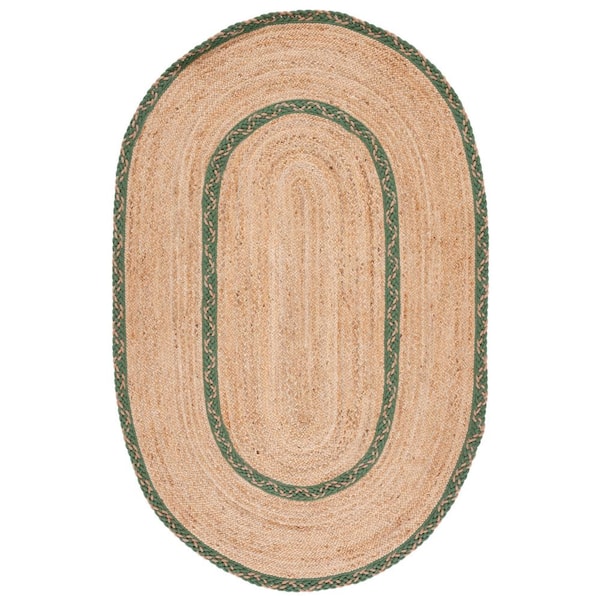 SAFAVIEH Natural Fiber Beige/Green 3 ft. x 5 ft. Border Woven Oval Area Rug