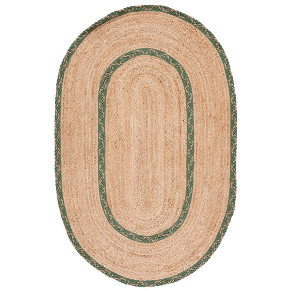 SAFAVIEH Natural Fiber Beige/Green 6 ft. x 9 ft. Border Woven Oval Area Rug