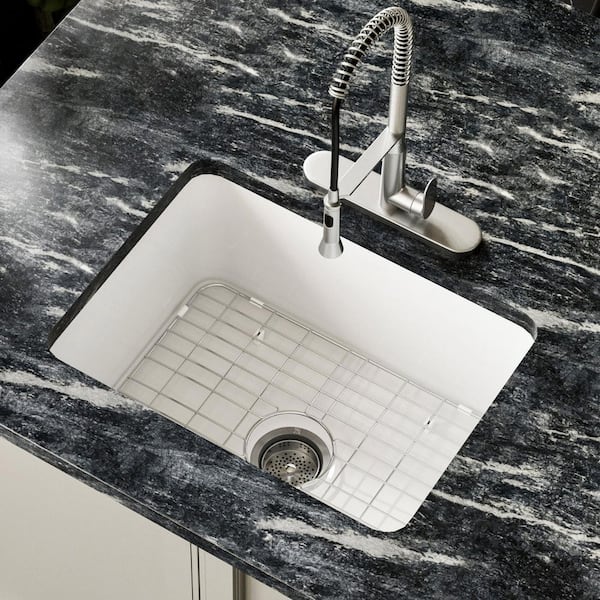 Los Flexi 24 in. White Undermount Kitchen Sink Ceramic, Single Bowl Undermount / Drop-in Kitchen Sink, with Grid and Drain Kit
