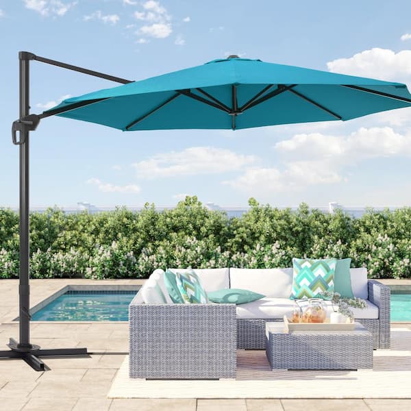 JOYESERY 11 ft. Aluminum Cantilever Patio Umbrella Outdoor Offset Hanging 360° Rotation in Lake Blue
