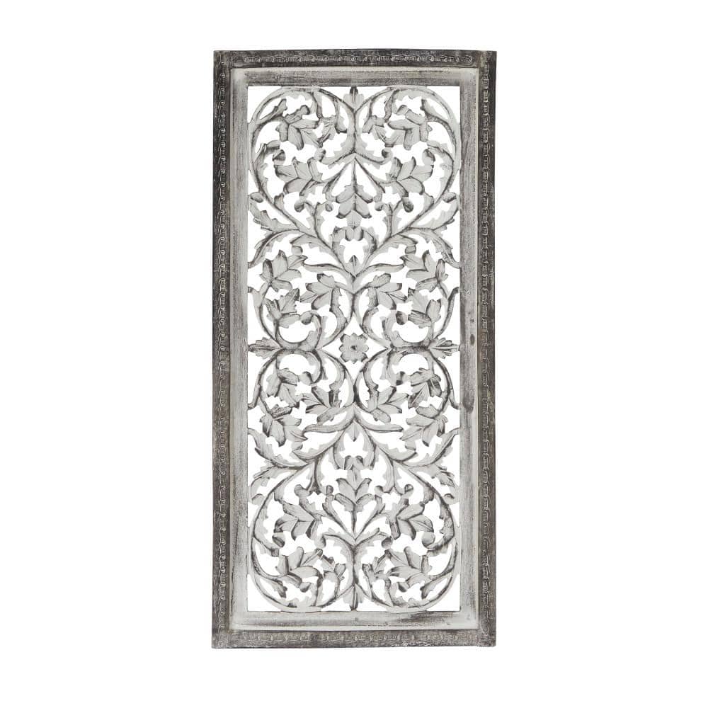 Gray Mango Wood Handmade Intricately Carved Floral Wall Panel