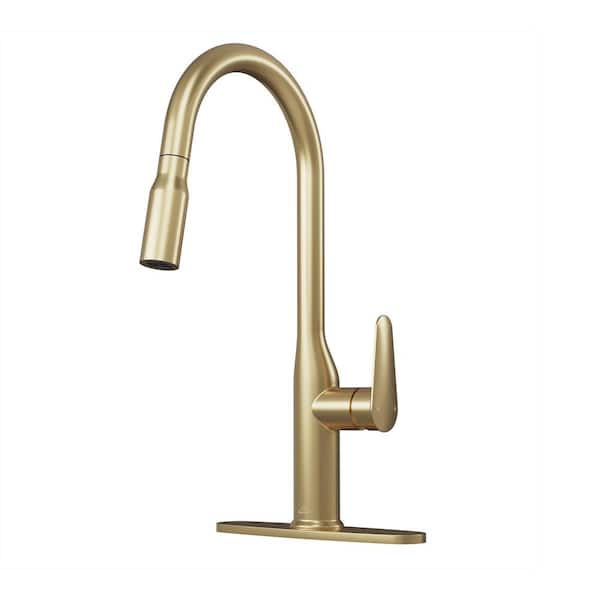 Boyel Living Modern Single Handle Pull Down Sprayer Kitchen Faucet with Deckplate and Water Supply Hoses in Brushed Gold