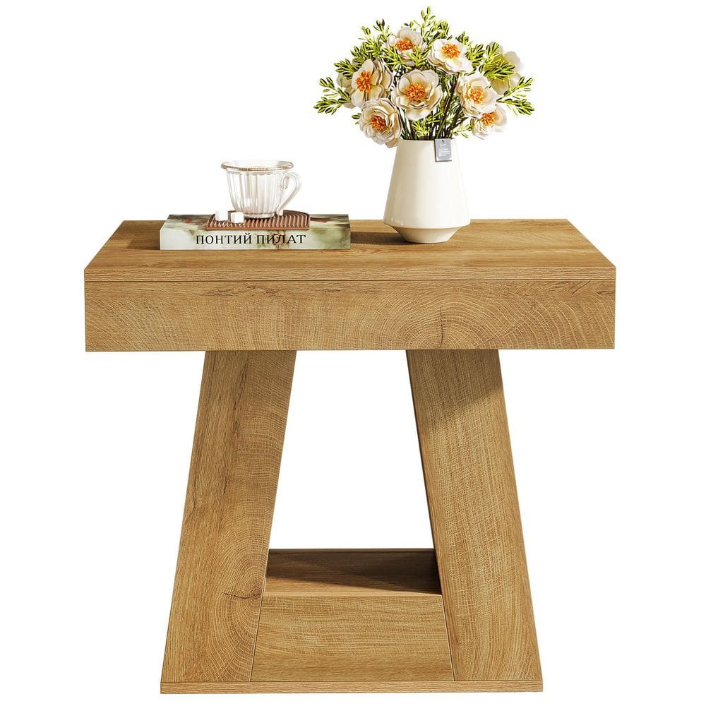 Kerlin 23.62 in. Brown Rectangular Wood 2-Tier Narrow End Table Side Table Nightstand with Trapezoid Base - thumbnail 3