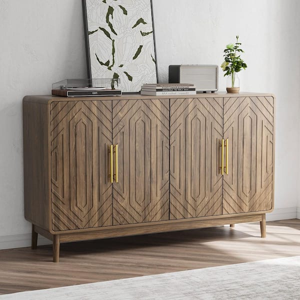 Victorious Walnut Finish Wood 55 in. Buffet Storage Sideboard, Storage Cabinet with 4-Carved Doors, Adjustable Shelves