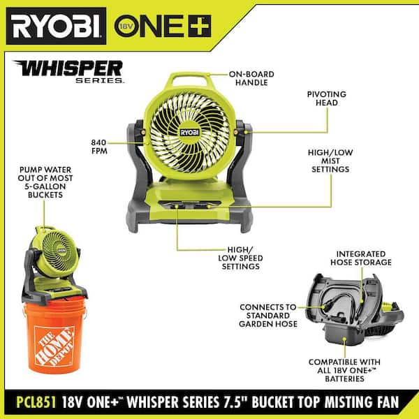 RYOBI ONE+ 18V Cordless 7-1/2 in. Bucket Top Misting Fan Kit with