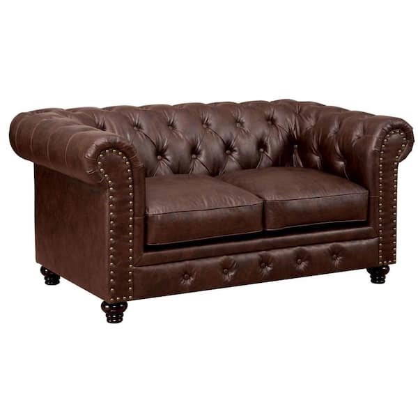Benjara 67.25 in. Brown Solid Print Leather 2-Seater Loveseat with Button Tufted Backrest and Rolled Design Arms