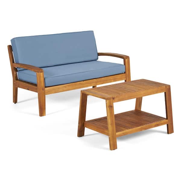 Grenada Teak Brown 2-Piece Wood Outdoor Patio Conversation Set with Blue Cushions