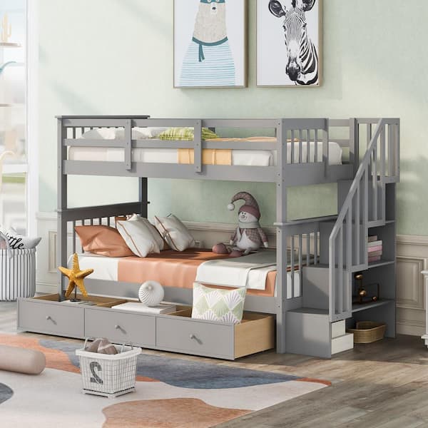 Polibi Gray Stairway Twin-Over-Twin Bunk Bed with 3-Drawers for Bedroom, Dorm