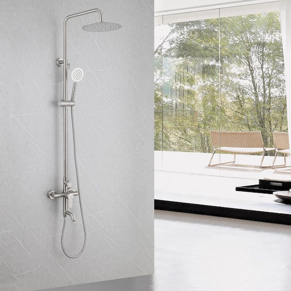 304 Stainless Steel Outdoor Wall Bar Shower Kit w/ Rotating Shower Head, Hand Shower and Tub Faucet in Silver