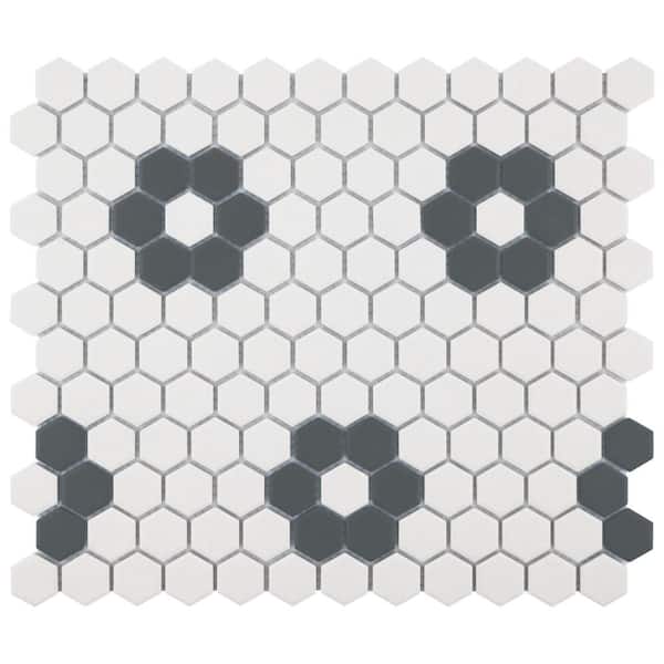 Merola Tile Gotham 1 in. Hex White with Black Flower 6 in. x 6 in. Porcelain Mosaic Take Home Tile Sample
