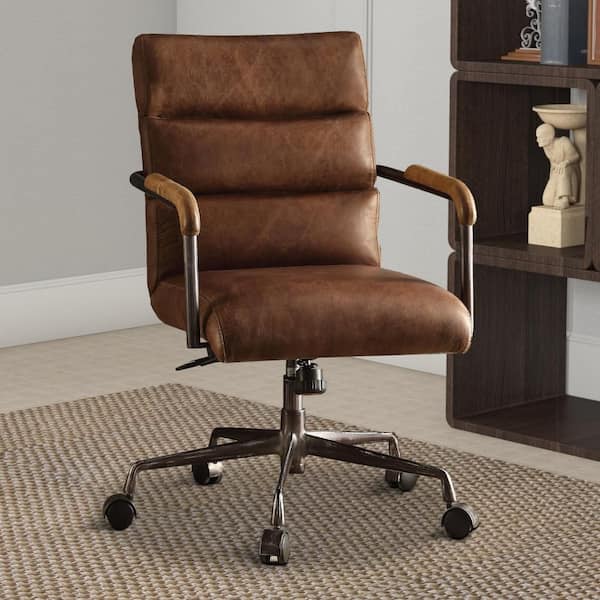 Retro Brown Metal and Top Grain Leather Executive Office Chair