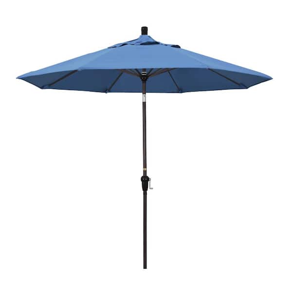 California Umbrella 9 ft. Aluminum Market Auto Tilt Bronze Patio Umbrella in Frost Blue Olefin