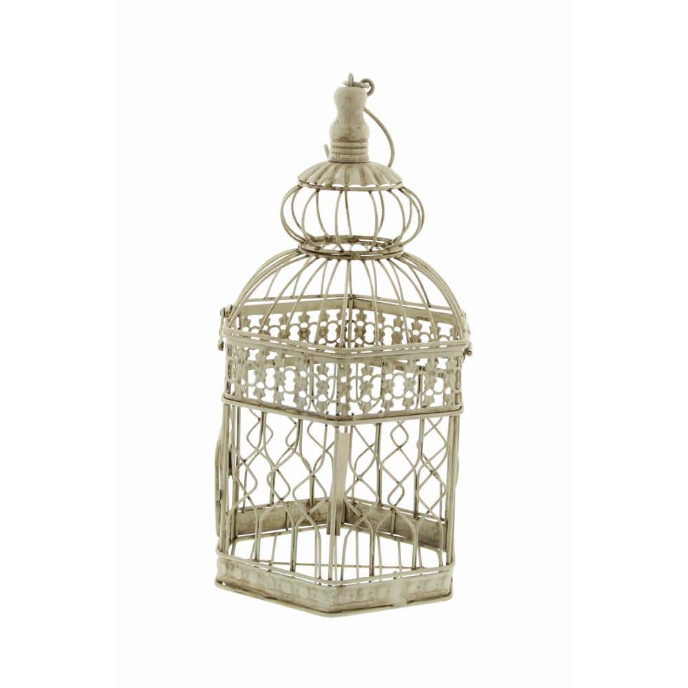 Cream Metal Birdcage Set with Floral Embossed Design, 21" and 18"