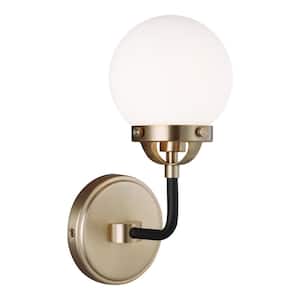 Cafe 1-Light Satin Brass Sconce with Etched/White Glass Shade and Matte Black Frame Accents