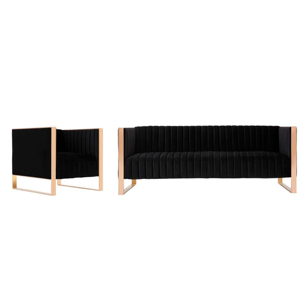 Black Velvet Sofa and Armchair Set with Rose Gold Frame
