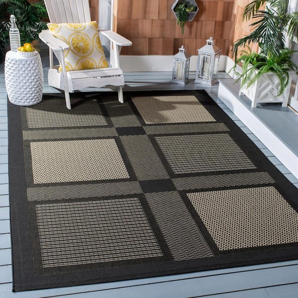 Courtyard Black/Sand 8 ft. x 8 ft. Square Border Indoor/Outdoor Patio  Area Rug