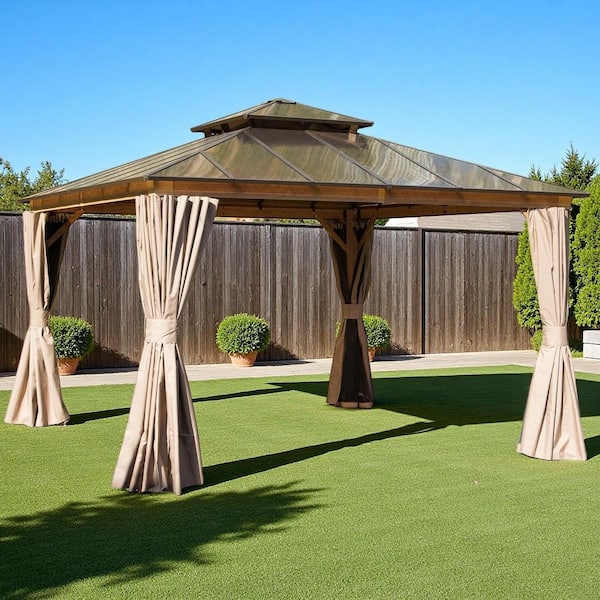 12 ft. x 12 ft. Hardtop Gazebo, Aluminum Permanent Outdoor Gazebo with Polycarbonate Double Roof, Curtain and Net