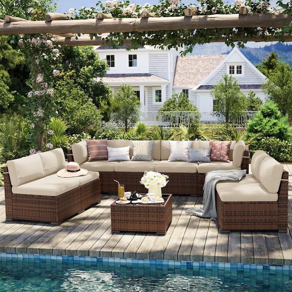 ELPOSUN 9-Piece Wicker Patio Conversation Set with Cream Cushions