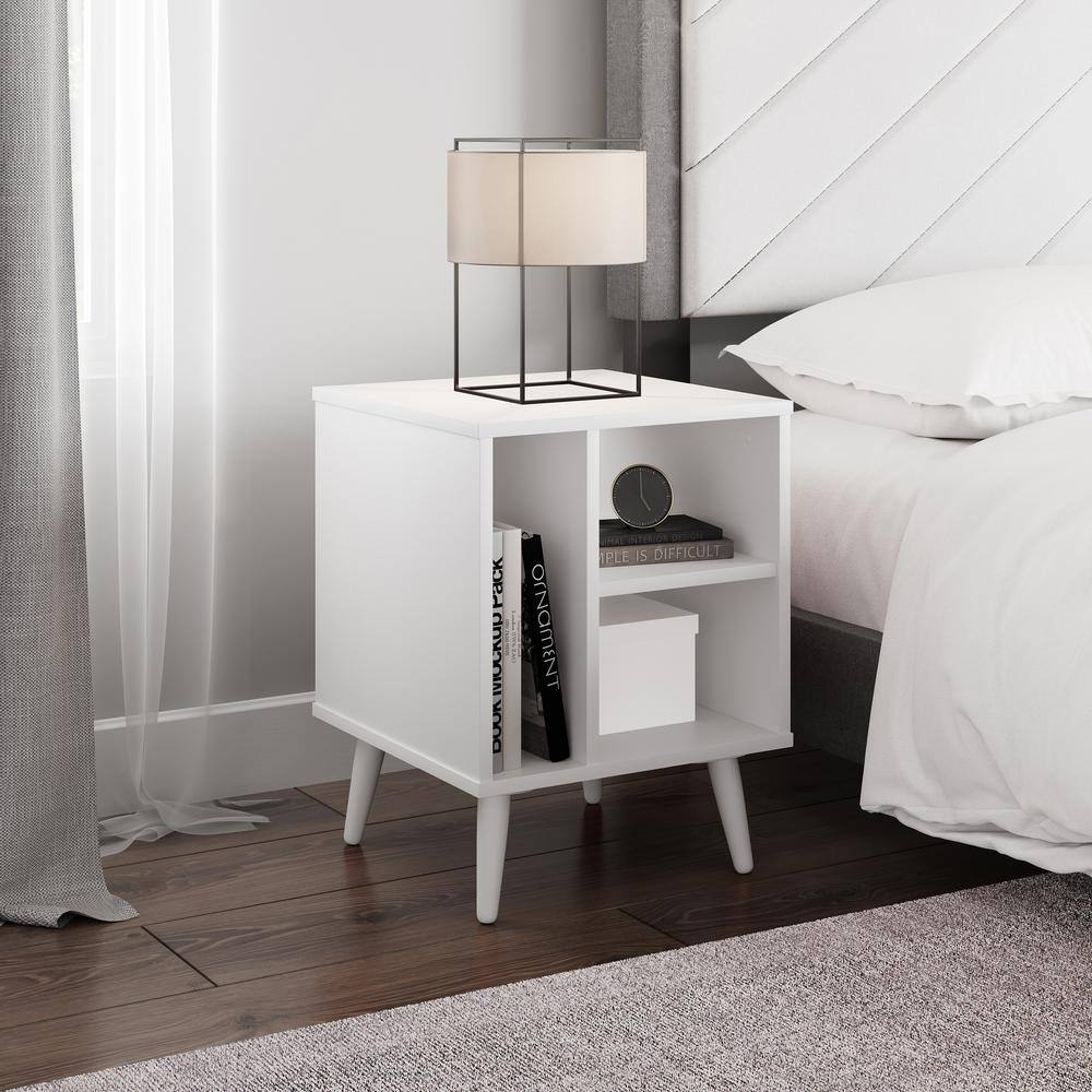 Warwick Mid-Century Modern Nightstand with Open Storage Shelving, White - B