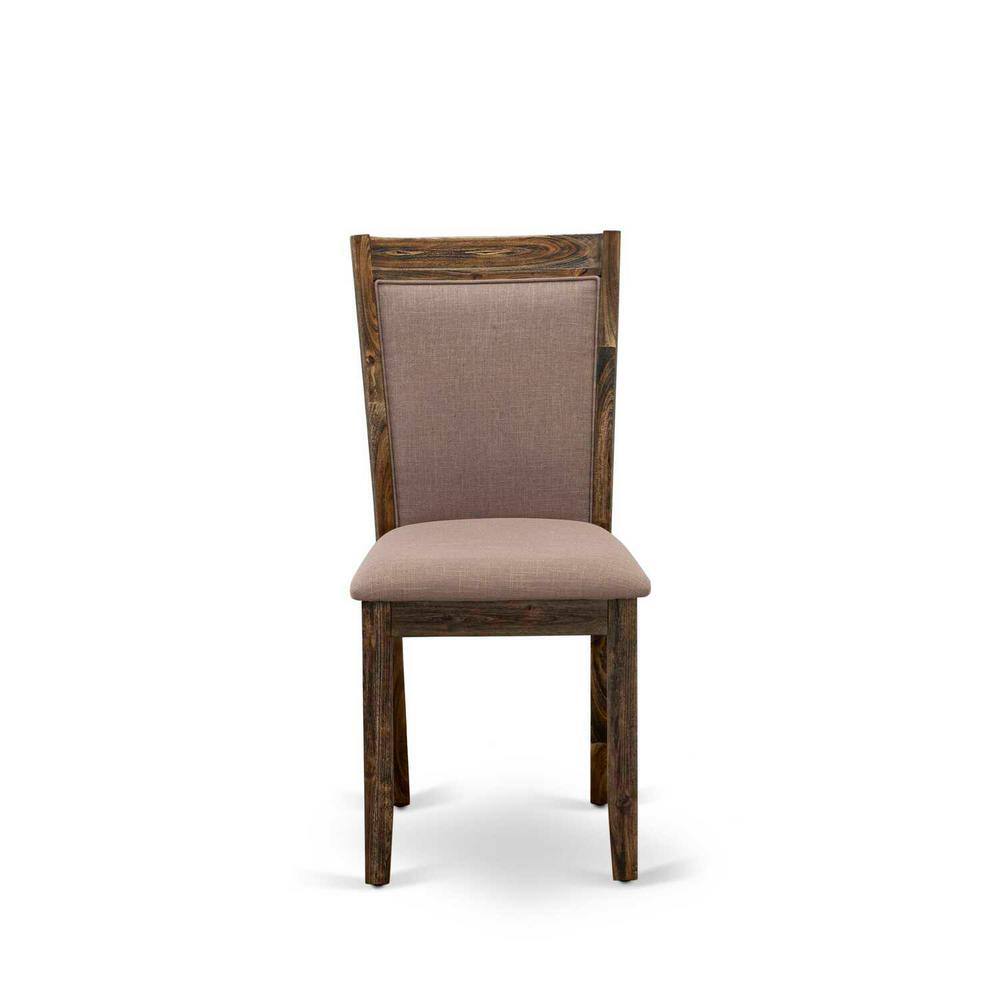 Distressed Jacobean Finish Round Wood Dining Table with 6 Linen Chairs