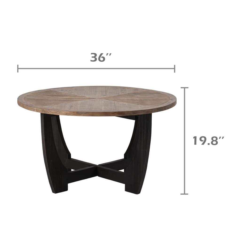 Rustic Brown and Black Round Wood Coffee Table with Crisscross Base