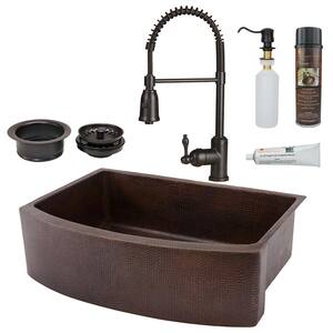 All-in-One Copper 30 in. Rounded Single Bowl Kitchen Farmhouse Apron Front Sink with Spring Faucet in ORB