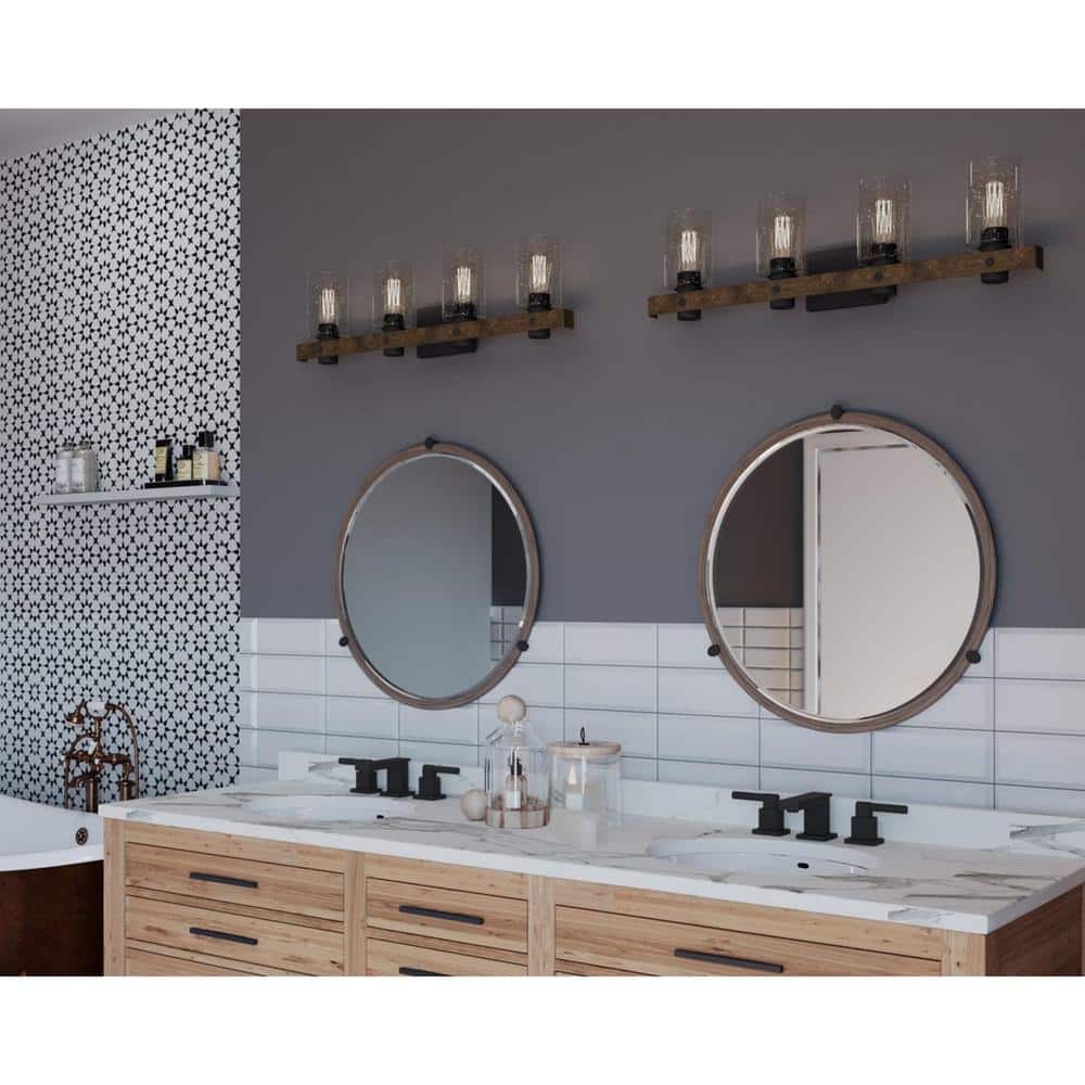 Graphite and Wood 4-Light Bath Vanity Fixture with Clear Seeded Shades