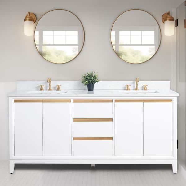 Vanity Art 72 in. W x 22 in. D x 34 in. H Double Sink Bathroom Vanity in White with Engineered Marble Top