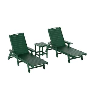 Harlo 3-Piece Dark Green Fade Resistant HDPE Plastic Reclining Outdoor Patio Chaise Lounge Arm Chair and Table Set