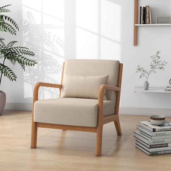 Uixe 25.78 in. W Modern Beige Wood Frame Cotton And Linen
