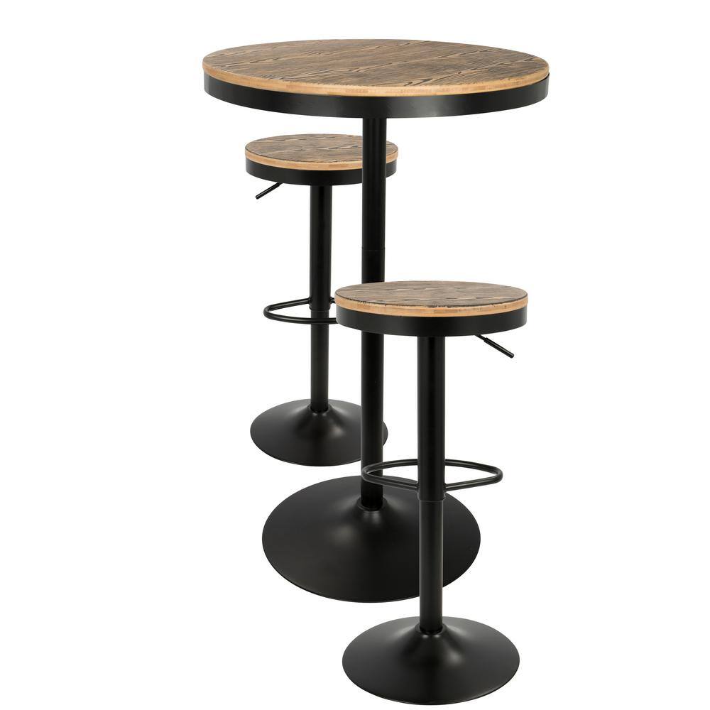 Dakota Industrial Black and Brown 3-Piece Pub Set with Adjustable Stools