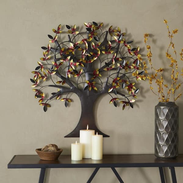 Litton Lane 31 in. x 32 in. Metal Brown Indoor Outdoor Tree Wall Decor with Leaves