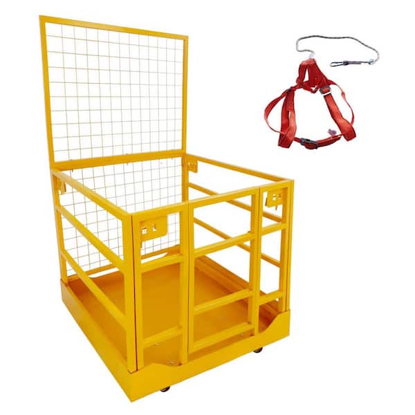 Forklift Safety Cage 43 in. x 45 in. Forklift Basket with Wheel 1300 lbs. Capacity Forklift Work Platform Safety Harness