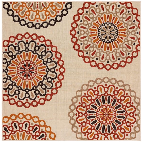 SAFAVIEH Veranda Cream/Red 8 ft. x 8 ft. Geometric Floral Indoor/Outdoor Patio  Square Area Rug