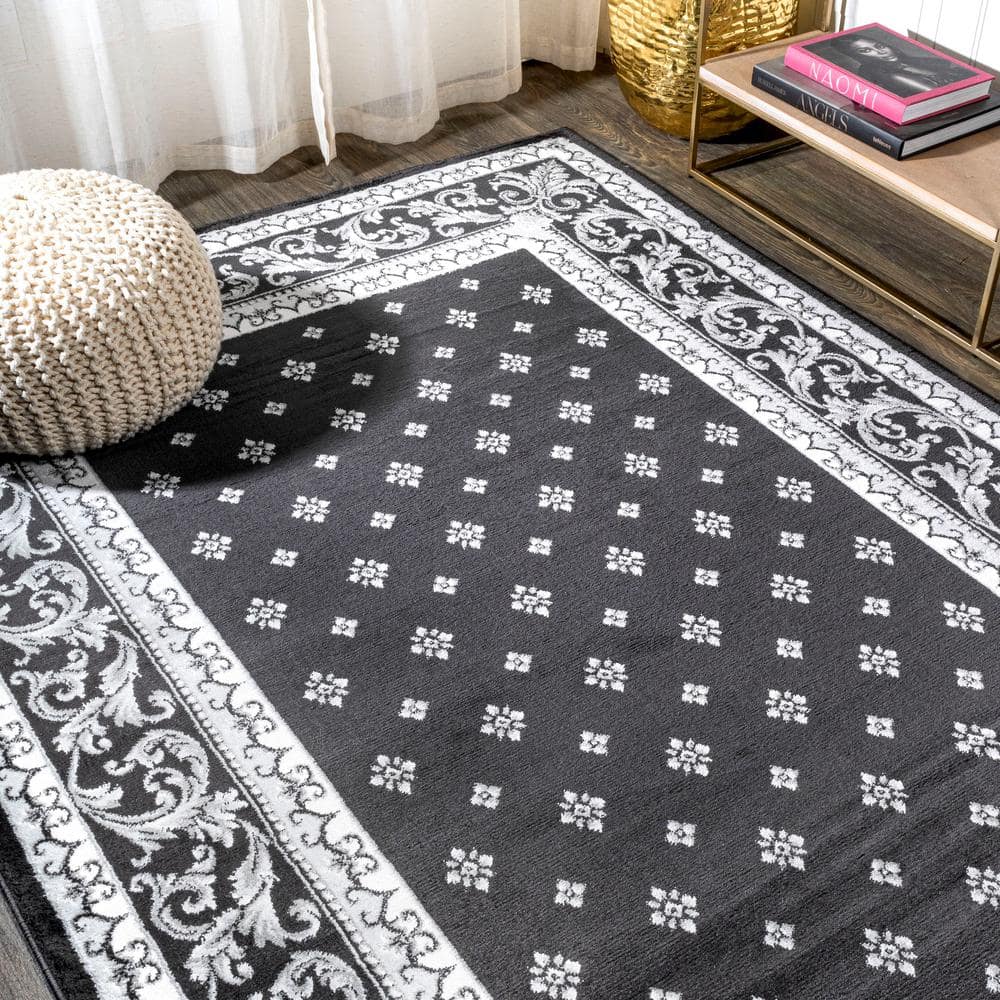 Black and Gray Synthetic Round French Border Area Rug