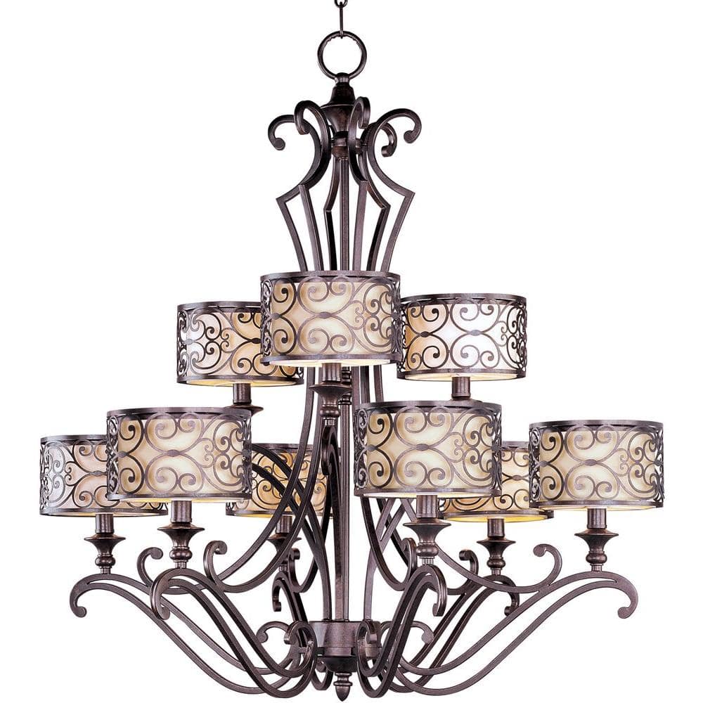 Umber Bronze 9-Light Drum Chandelier with Fabric Shades