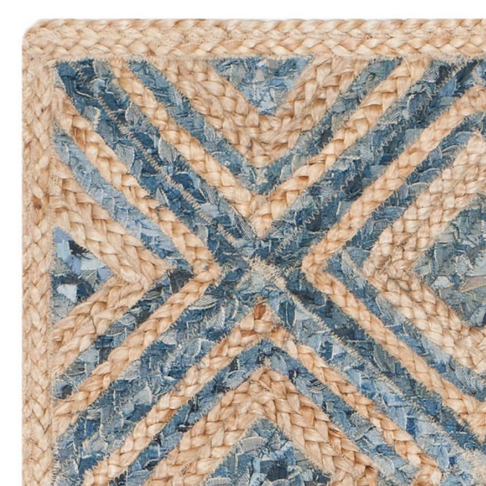 Hand-Woven Natural and Blue Geometric Jute Runner Rug